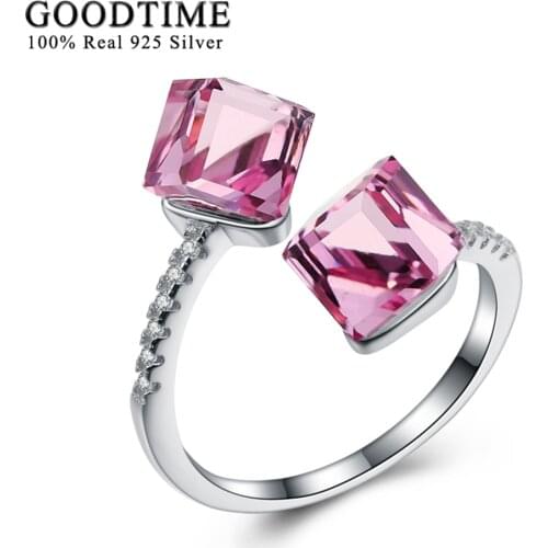 Fashion New Unique 925 Sterling Silver Rings for women Pink Crystal Cube Opening Rings Romantic Finger Ring Pure Silver Jewelry