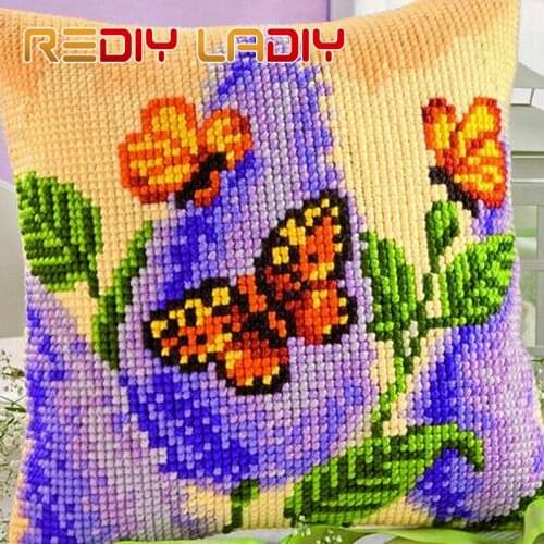 Cross Stitch Cushion Orange Butterfly Chunky Yarn Cross-Stitch Kits Needlework Printed Canvas Pillow Home Decor Art & Crafts