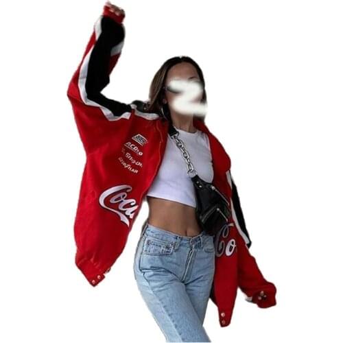 2021Korean Version Women/Girl Stand Collar Letter Print Long Sleeve Zipper Casual Loose Jacket Outdoor Sport Style Red Outerwear