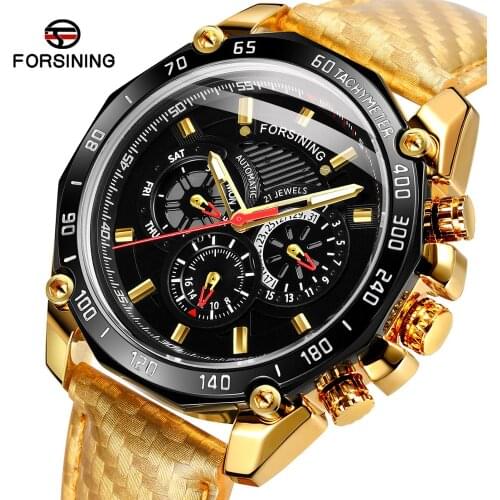 Men Automatic Watch Black Multifunction Calendar Quality Leather Band Sport Watches