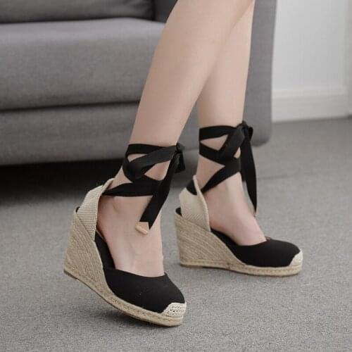 2021 New Ankle strap wedges shoes for womens espadrille summer sandals comfortable heel ladies bohemia shoes hemp canvas pumps