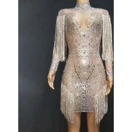 New Luxury Crystals Diamonds Fringe Mesh See Through Dress Women Evening Prom Party Dresses Celebrity Birthday Outfit Stage Wear