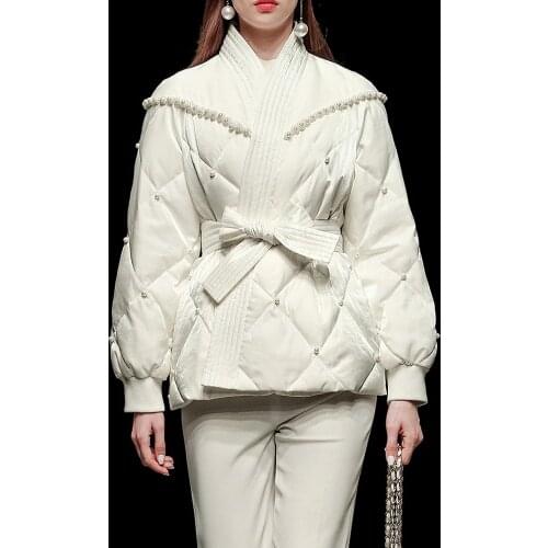 New Argyle Winter Down Coat For Women 2021 Elegant All-match Lantern Sleeve Adjust Waist Beading Short White Duck Down Jackets