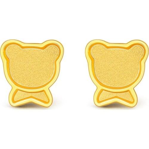 Solid 999 24K Yellow Gold Earrings Women Bear Stud Earrings 1.38g