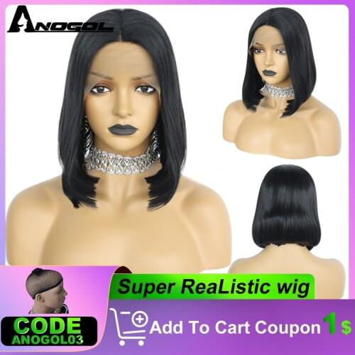 Anogol Short Body Wave Bob Black Free Part Wave High Temperature Fiber Synthetic Hair Lace Front Wigs For Drag Queen
