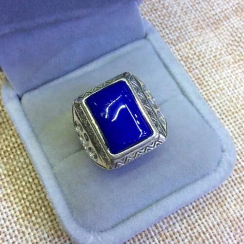 Silver Ornaments S925 Silver Inlaid Natural Afghan Lapis Stone Retro Pattern Square Open Ended Ring