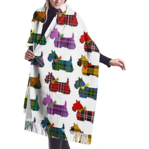 Women Cartoon Westie Print Scarf Bandana Autumn Winter Female Imitation Cashmere Long Shawl Wrap Blanket Warm Tassel Hijabs