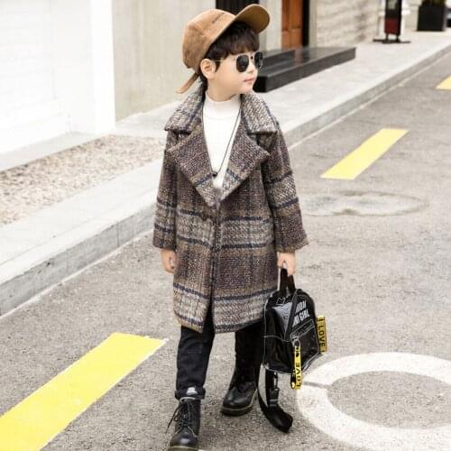 BOYS Woolen Cloth Coat Autumn And Winter New Style Big Boy Plaid Long Western Style Children Swear Korean-style 4-14 Years