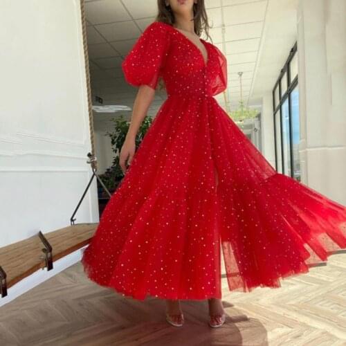 Sexy Red Prom Dresses Short Front Split Gold Hearty Tulle Formal Evening Party Gowns with Sleeve Vestido de Festa Formatura 2021