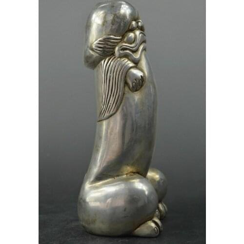 Tibet silver Old Bronze Foo Dog Lion male Carved Penis God Collect Statue Figure