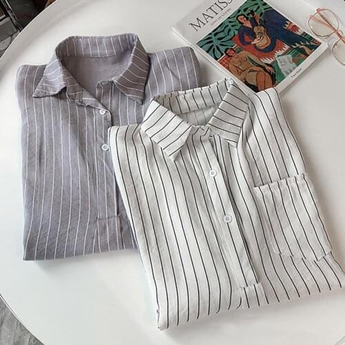 Women Summer Striped Tops Loose 3/4 Sleeves Casual Shirt Lapel Collar Blouse