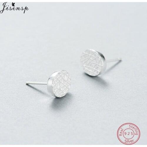 Jisensp 925 Sterling Silver Mesh Texture Ellipse Stud Earrings for Women Lady Fashion Jewelry Geometric Round Earrings aretes