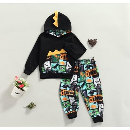 2-7Y Kids Boys Clothes Sets 2021 Autumn Baby Dinosaur Printed Long Sleeve Pullover Hoodie with Pocket + Pants Casual Outfits