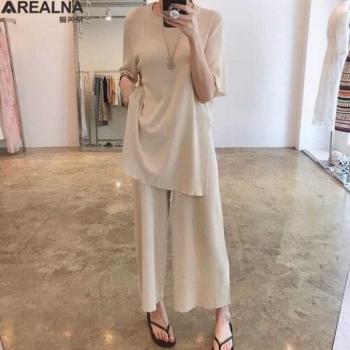 2021 Summer Ice silk Knitting Suit Women Short Sleeve long Pullovers and Wide Leg Pants Tracksuit two piece set women pant suits