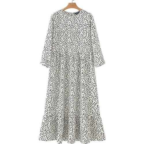 Women White Dots Print Maxi Dress 2020 Pleated Three Quarter Sleeve Female Casual Straight Dresses Chic Ankle Length Vestidos