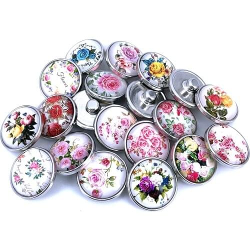 20pcs/lot 18mm 20mm Vintage Rose Flower Glass Cabochon Snap Buttons for DIY Snaps Bracelet Necklace Glass Charms Findings N006