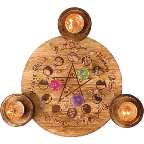 Wooden Candle Holder Astrology Pentacle Altar Plate Divination Magic Candlestick