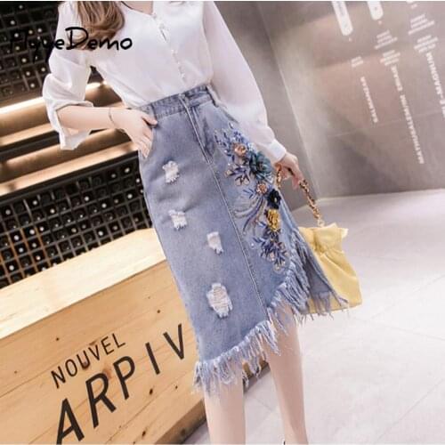 Summer Fall Women Beading Flower Tassel Irregular Hollow Out Denim Skirt Designer Woman Embroidery Slim Jeans Skirts Plus Size