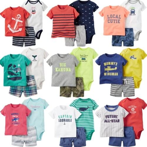 Summer 3pcs sets newborn baby boy girl clothes children casual plaid pants cartoon handsome short-sleeved T-shirts and shorts