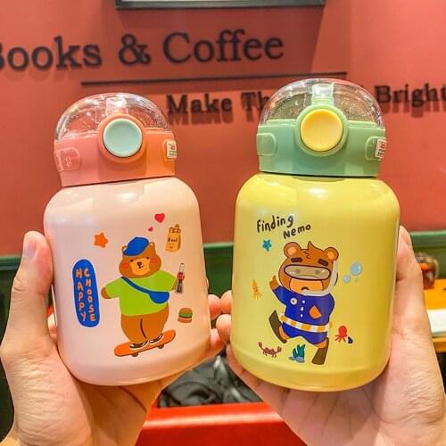 Small Portable Vacuum Stainless Dteel Thermos Cup Cute Bear Cartoon Straw Cup Outdoor Student Water Bottle Gifts For Children