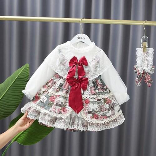 Miayii Baby Clothing Spanish Lolita Princess Ball Gown Lace Bow Stitching Print Dresses For Girls Birthday Party Easter A593