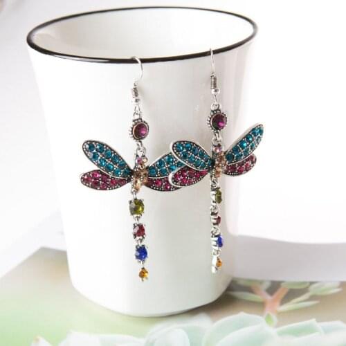 Fashion Colorful Crystal Dragonfly Earrings New Insect Jewelry Wings Red Blue Rhinestone Statement Wedding Dangle Earring