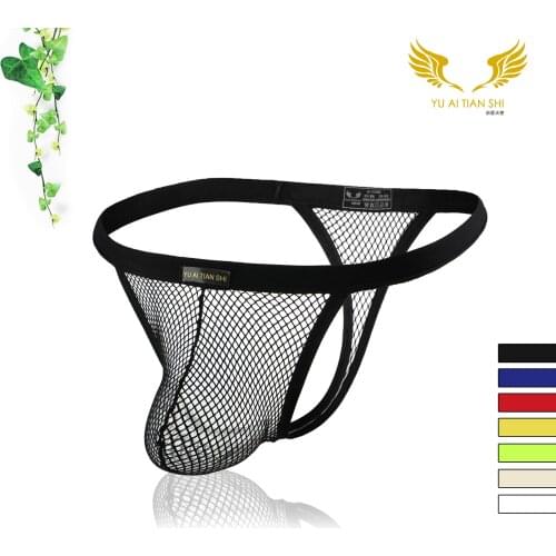 Mens underwear mesh breathable low-waist thong/T pants masculine U-shaped pocket thong men sexy transparent penis underwear