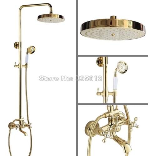 Wall Mounted Dual Cross Handles Bathtub Mixer Tap Gold Color Brass Bathroom Rain Shower Faucet Set W/Handheld Shower Head Wgf355