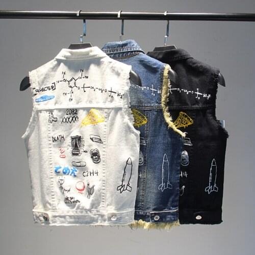 Spring and summer new denim vest female wear hole print pattern short cut cute wild waistcoat Korean vest coat