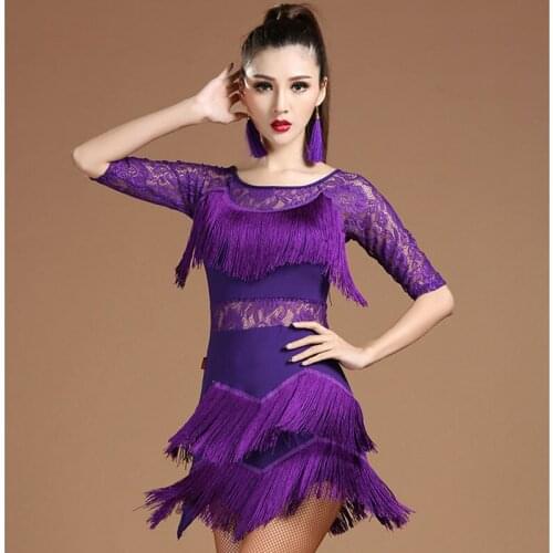 Women Sexy Lace Fringe Tassel Latin Dancing Dress Stage Performance Clothing Modern Ballroom Salsa Tango Cha Cha Costume