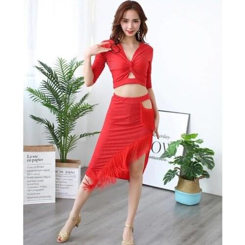 New Stage Performance Competition Cllothes Women Sexy Tassel Dance Dress Half Sleeves Samba Costume Set 2 Pieces Top And Skirt