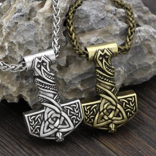 Viking Thor Hammer Mjolnir Odin Face Amulet Pendant Necklace Pendant Necklace with Gift Bag