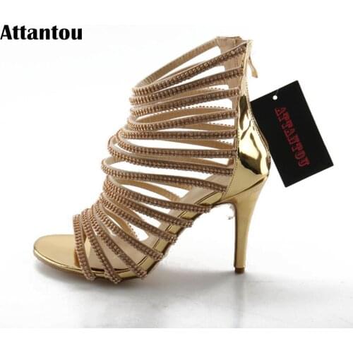 Attantou Concise Gold Patent Leather High Heels Sandals Women Crystal Ankle Strap Summer Dress Shoes Woman Open Toe Sandals