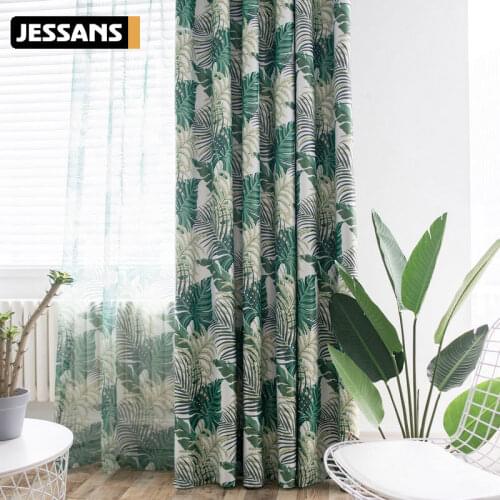 Modern Pattern Tropical Green Leaves Printed Curtains for Living Room Rainforest Tulle Blackout Rate 85% Window Drape