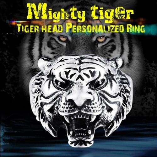 Vintage Tiger Warrior Titanium Steel Skull Biker Gothic Punk 316L Stainless Ring For Men Retro Male Design Round Bands Rings