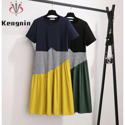 Womens Clothing 2021 Summer Plus Size 4XL O-Neck Ladies Vestidos Summer Dresses Patchwork Female Loose Robe Dress KE1512