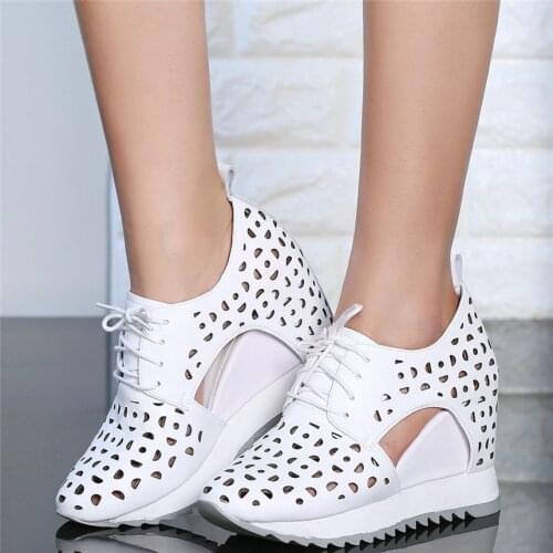 Women Hollow Cow Leather Wedges High Heel Ankle Boots Female Lace Up Round Toe Fashion Sneakers Platform Pumps Shoe Casual Shoes