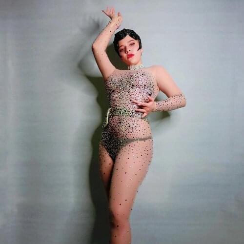 Female Transparent Bodycon Jumpsuits Sexy Fashion Women Rhinestone Stretch Skinny Clothing Womens Nightclub Pole Dance Costumes