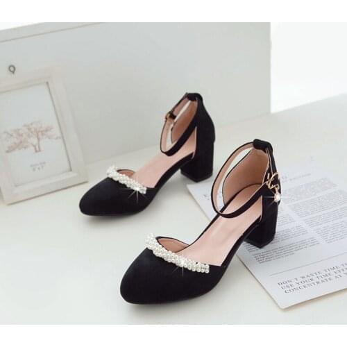 YQBTDL Pearl String Bead Queen Women Pumps Pointed Toe 5cm Chunky Heels Black/pink/beige Wedding Shoes Buckle Strap Cute Shoes