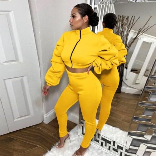Biker Style Two Piece Set Women Autumn Winter Draped Long Sleeve Zipper Up Crop Top and Solid Jogger Pant Casual Sweat Suits