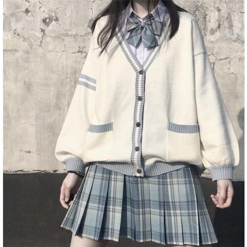 2021 New JK School Uniform Cardigan Sweater Japanese Style Loose Pocket V-neck Long Sleeves Student Knitting Women Knitted Sets