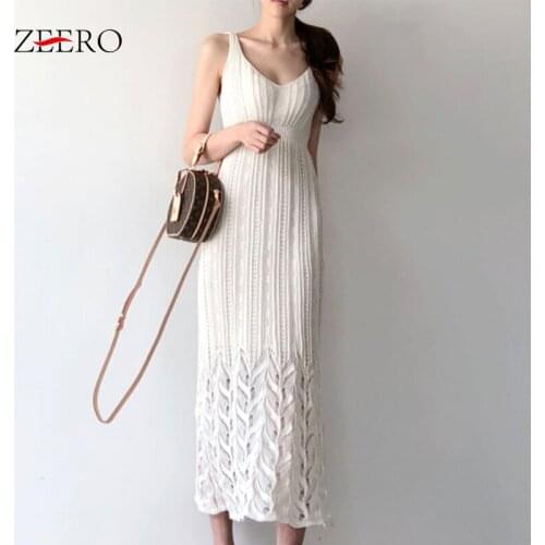 2020 Summer Women Sexy White Knitted Hollow Out Maxi Sweater Dress Elegant Female Black Sleeveless Casual Long Party Dresses