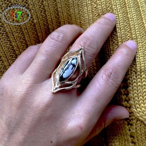 F.J4Z New Fashion Nature Stone Finger Ring for Women Hollow Alloy Big Ring Stylish Female Jewelry Gifts Dropship