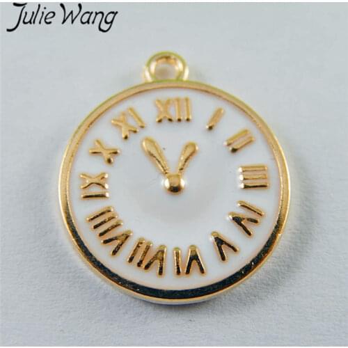 Julie Wang 10PCS Gold Tone Enamel White Beautiful Clock Alloy Charms For Neckalce Pendant Findings Jewelry Making Accessory