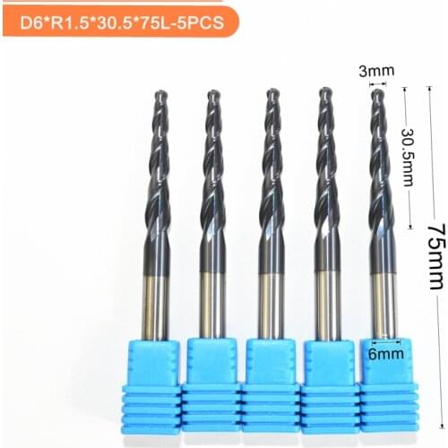 Free shipping-5PCS,R1.5*D6*30.5*75L,HRC55 Tungsten solid carbide TiALN Coated Taper Ball Nose End Mills,taper and cone Bits,wood