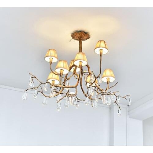 ODYSEN ART DECO Copper Crystal Creative Tree Branches Chandelier for LivingRoom Villa Lobby Fabric Lampshade Handmade Decoration