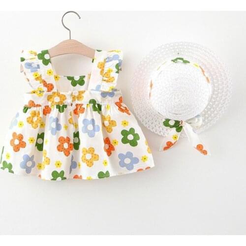 Childrens Dress 2021 Summer Dress Floral Girls Sleeveless Dress Skin-friendly Anti-deform Cotton Sleeveless Baby Dress with Hat