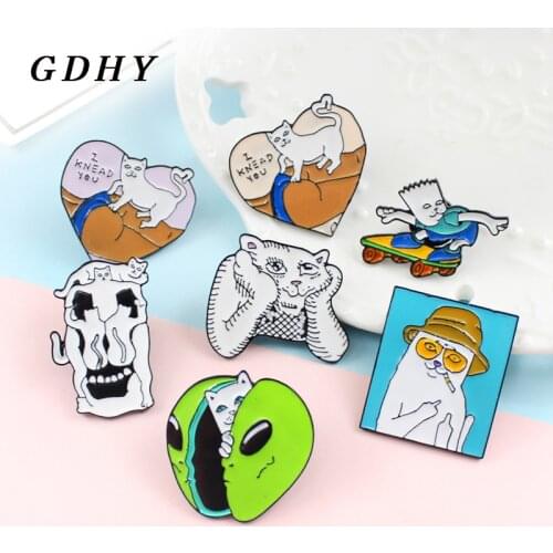 GDHY Newest 'I KNEAD YOU'Cats Brooch Skateboard cat Smoking Detective cat Alien cat Animal Badge Enamel Pins cute Jewelry Spille