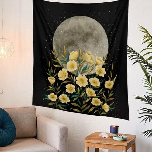 Moonlight Tapestry Primrose Wall Tapestry Hanging Flower Black Floral Boho Decor Starry Sky Carpet Moon Art Home Decoration