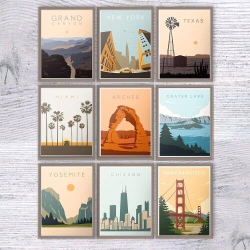 Hd Print Vintage Art Painting New York Yosemite Texas Chicago Retro Posters Travel Cities Landscape Posters Wall Art Pictures